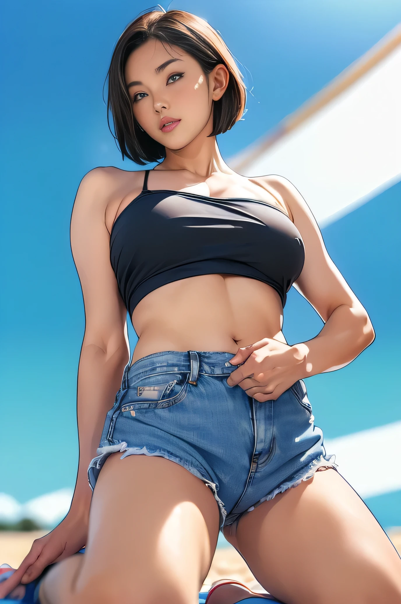 16k, cinematographic style, this Asa Akira alone inside a well sirius, looking a side to the light in the darkness, wearing a black tank top and blue jeans, black short male gradient hair, profile side view, blue background, ahorther hair, ::1 —ar 9:16 —stylize 1000, hug_breasts_big_breasts,huge_ass_huge_thighs gigantic_breast_plumper thighs, fat thighs 