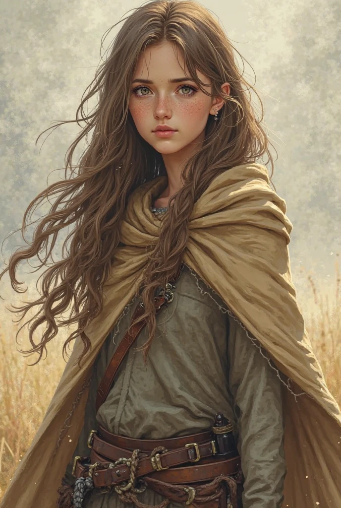 Make a anime girl for this Rowan is tall and broad-shouldered, with sun-bleached brown hair, weathered skin, and tired eyes that rarely meet others’. She wears a worn wool cloak and carries handmade gear—clearly someone who learned to survive, not shine. Her voice is low, quiet, and a little hoarse from disuse.