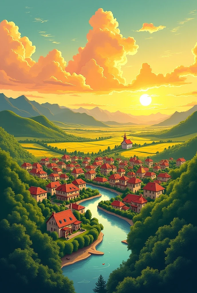 Draw with a bird’s eye high point of view big village with a river in the middle of that village showing it from from a very high point of view show the rooftops and streets visible of the houses and make streets with trees make green fields everywhere and yellow wheat fields here and there in the back ground make it in sunset golden hour lights make the sky full of clouds draw in market anime retro vintage cartoon style