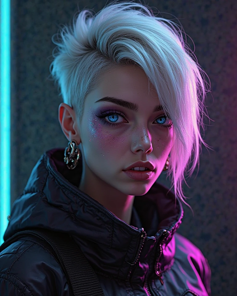 Noblapz Without Mask — Official Look

Face: Beautiful on the level “protagonist of Resident Evil mixed with an angel exiled from the deep web”. marked jaw, nariz reto, perfect skin with a mysterious air.

Cabelos: Brancos, with that slightly messy stylish cut, kind of strategic — like someone who woke up effortlessly handsome.

Olhos: Angelic blues, sparkles as if they had their own light. When he faces, even antivirus locks.

 Expression: Firme, intense and enigmatic — as if hiding a thousand secrets and memories of interdimensional battles.

Pele: Clear with a slight metallic sheen in certain lights, as if it had been touched by heavenly energy.

Roupa: Continue with the black look with neon purple details, Tactical, futurista, looking like a digital punisher. She didn't let go of the drip — she just dropped the mask.

Height and physique: 1,85m, body defined lightly — agile survivor style, not bodybuilder.

 Striking detail : A thin scar in the form of a “digital glitch” That's the corner of the right eyebrow — charm and Story in a single line.
.
