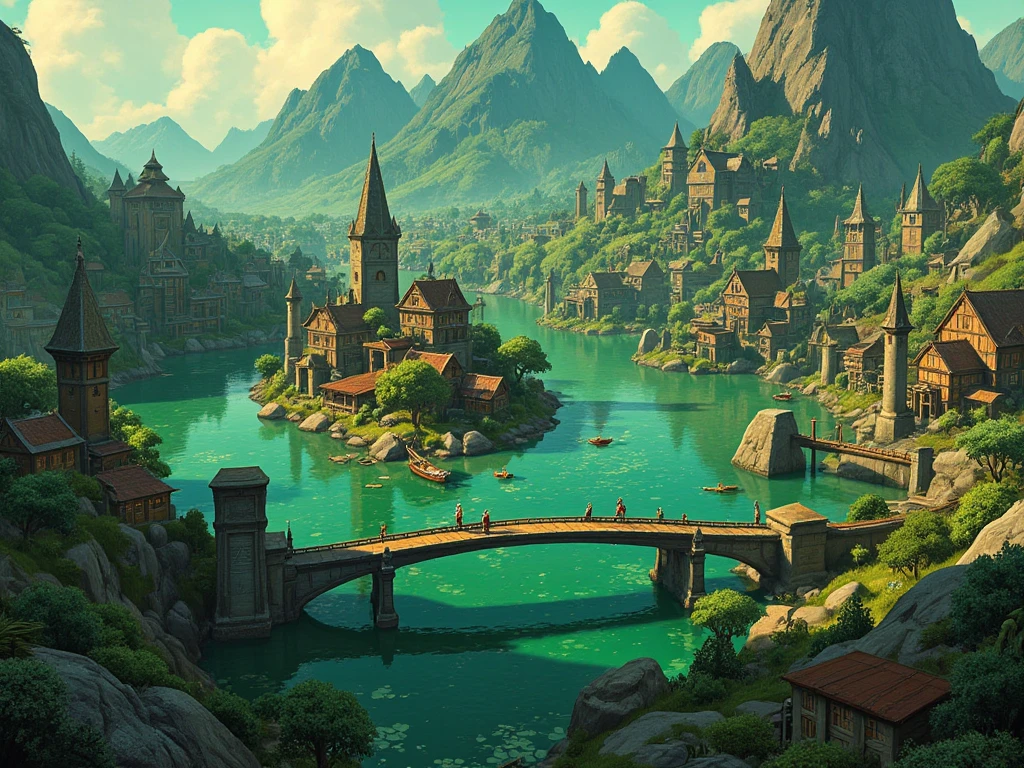 Fantasy-style (river federation:1.5), depicting an organized group of settlements forming a harmonious federation, with some palafita houses, positioned around a massive, life-filled green river. The river, slightly dark yet vibrant with aquatic plants, fish, and diverse marine species, splits into three powerful branches at its heart. The settlements are strategically located along each branch, creating a connected central hub where the mighty river divides.
Elevated drawbridges span the branches, linking the settlements and forming vital pathways between the cities. The population thrives as a riverine community, navigating the waterways with transport systems such as zip lines, small boats, ferries, and barges. Their intimate connection to the river is evident in their respect for the environment and sustainable living practices. Aquatic flora grows abundantly along the banks, while the settlements themselves integrate with nature, blending seamlessly into the lush surroundings.
A system of locks carefully controls the river's flow, demonstrating their ingenuity and harmony with the natural forces around them. The scene emphasizes the grandeur of the mighty green river, its scale akin to legendary rivers like the Nile, as it becomes both a lifeline and a symbol of unity for the federation. Style: hyper-detailed, vibrant realism, contrasting earthy tones and aquatic hues, cinematic composition that captures the synergy between humanity and nature.
