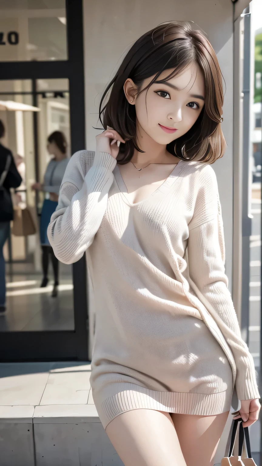 Realistic female college student wearing a cashmere knit dress、short hair、 (Wearing ultra-realistic pantyhose)、Thighs Thighs Thighs Thighs、