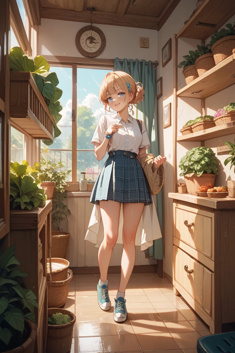 (masterpiece:1.2, Highest quality), (Realistic, photoRealistic:1.4), Beautiful illustrations, (Natural Side Lighting, Cinema Lighting), Written boundary depth, 
Looking at the audience, Front view, 1 girl, English, high school girl, 18-year-old, Perfect Face, Symmetrical cute face, Glowing Skin, Leg spread,
(Bob Hair:1.7,blonde), Asymmetrical bangs, Big eyes, Droopy eyes, long eyelashes chest), thin, 
Beautiful Hair, Beautiful Face, Beautiful and beautiful eyes, Beautiful clavicle, Beautiful body, Beautiful breasts, Beautiful thighs, Beautiful legs, Beautiful fingers, 
((Quality fabric texture, Brown knitted vest, Short sleeve white collar shirt, Navy Pleated Skirt, Navy bow tie)), 
(Beautiful views), evening, (Inside the flower shop), Are standing, (smile, Superior, Open your mouth),  (((Skirt Lift, panties, Genitals are visible))), Full Body Shot, Dark blue socks,