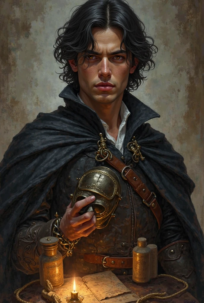 Portrait of a handsome tall Victorian young man in his twenties, brown skin, marked face, medium long black hair partially collected. He wears a black cape on leather armor, with the half mask removed and held in one hand. Piercing brown eyes with a conflicted look. bottom: a hiding place illuminated with candles, maps and rope. Semi-realistic digital painting, heroic and mysterious tone.
