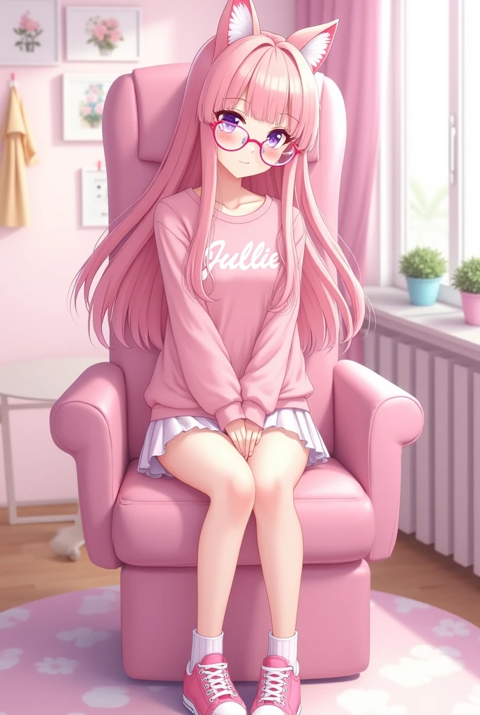 1girl,pink hoodie,pink hair,long hair,full body,sitting in a chair, studying,living room