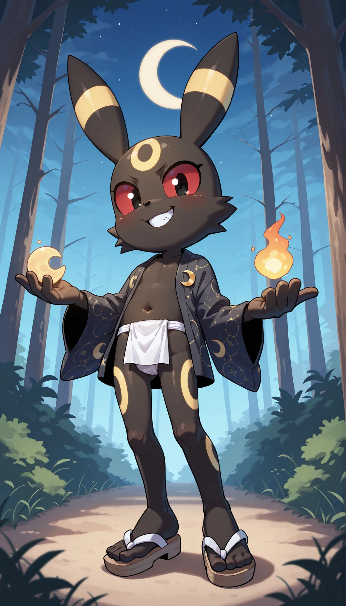 score_9, score_8_up, score_7_up, 1boy, solo, masterpiece, best quality, amazing quality, very aesthetic, absurdres, source furry, mobian Umbreon, anthro, young, red sclera, black eyes, black body fur, feets whit three toes, looking at viewer, smile, oily skin, (short body, tiny body), big head, closeup, ((black short kimono, open clothes, crescent moon pattern, fundoshi, zori sandals)), cheek tuft, grin, standing, navel, forest on background, sinister powers on hand, full body, feets with three toes, epic portrait,