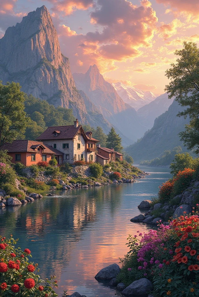 A small village by the river, mountains in the background, colorful flowers, detailed landscape style, beautiful natural scenery, atmospheric lighting,  scorching sunset ,  warm colors, practical, photographic, detailed foliage, complex buildings , cobblestone street, charming country house, vibrant colors, lush vegetation, reflections in the water, pitoresco, idyllic, work of art, Best Quality, 8k, extremely detailed, anime style