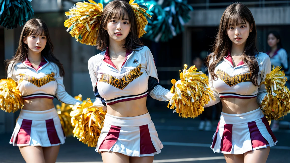 (8k), (Best quality), beautiful mature females, 30~40years old, milf, a group of cheerleaders is posing for a photo wearing cheerleader outfit and holding pom poms, crossed eyes, seductive face, lewd, curvy, thick thight, wide hips, huge lips:1.4, massive lips:1.4, bombi, full body