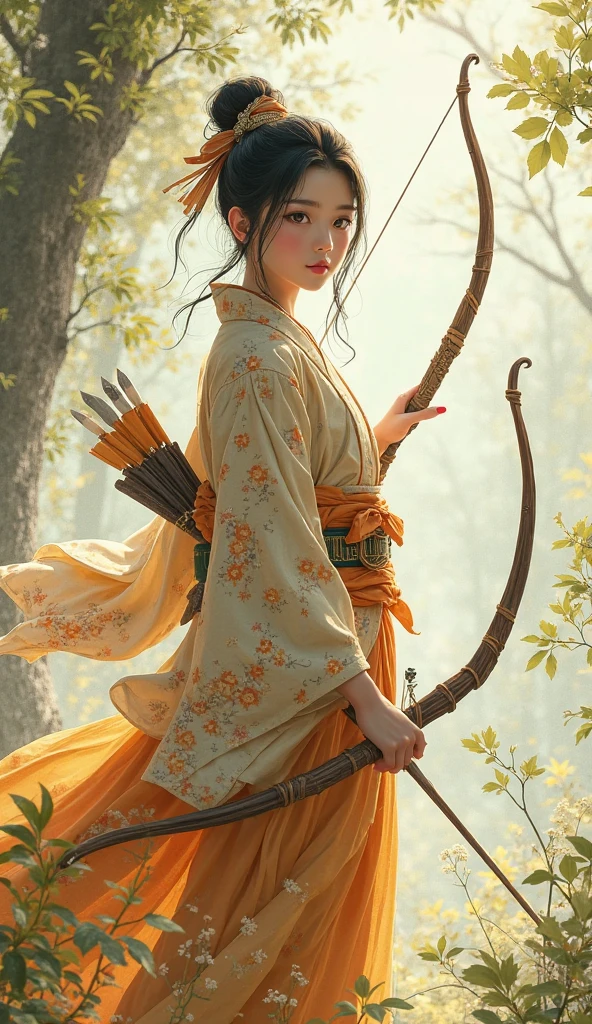 Create a prompt of a young Japanese mango-style archer with a bow and arrow in his hand and wearing a traditional Japanese outfit 