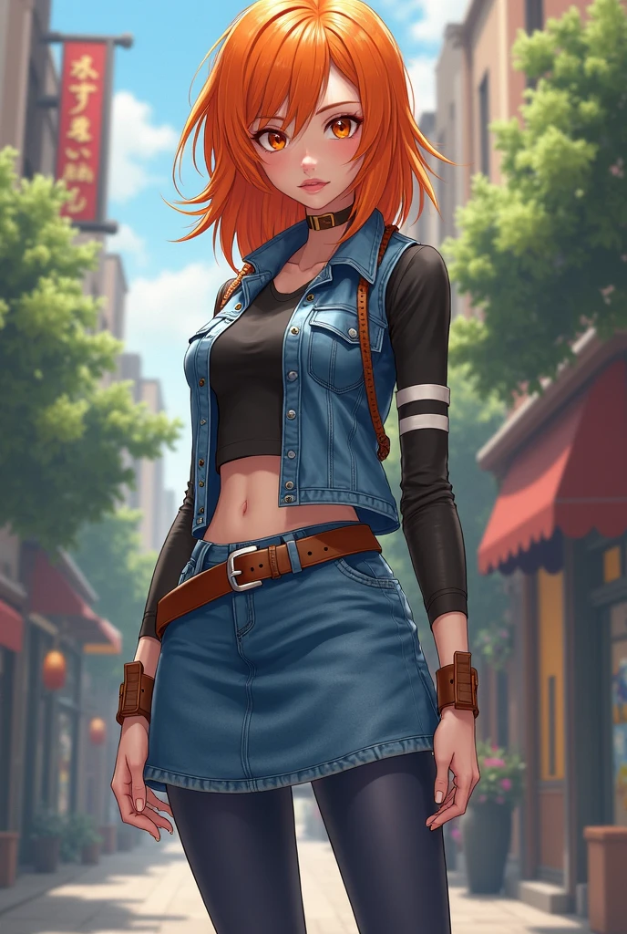 age female anime style character design, she is light-skinned, tall, has orange eyes, has shoulder-length orange hair, has a slender and curvy body, wears a blue denim vest and skirt, with dark blue tights, a brown belt, brown boots, and a black shirt that has long sleeves with black and white stripes.
