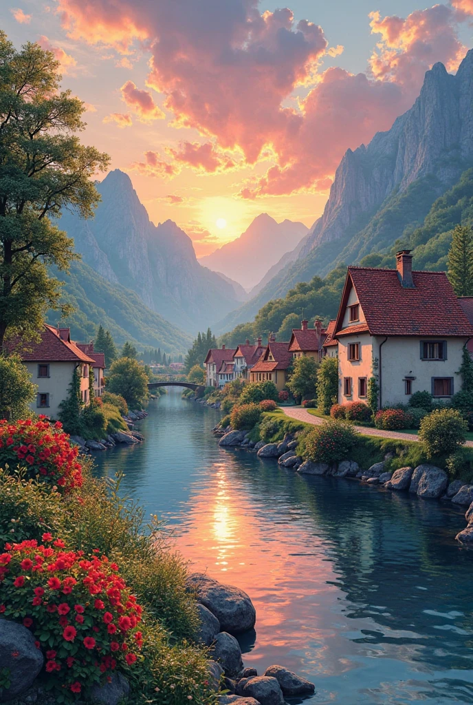 A small village by the river, mountains in the background, colorful flowers, detailed landscape style, beautiful natural scenery, atmospheric lighting,  scorching sunset ,  warm colors, practical, photographic, detailed foliage, complex buildings , cobblestone street, charming country house, vibrant colors, lush vegetation, reflections in the water, pitoresco, idyllic, work of art, Best Quality, 8k, extremely detailed, anime style