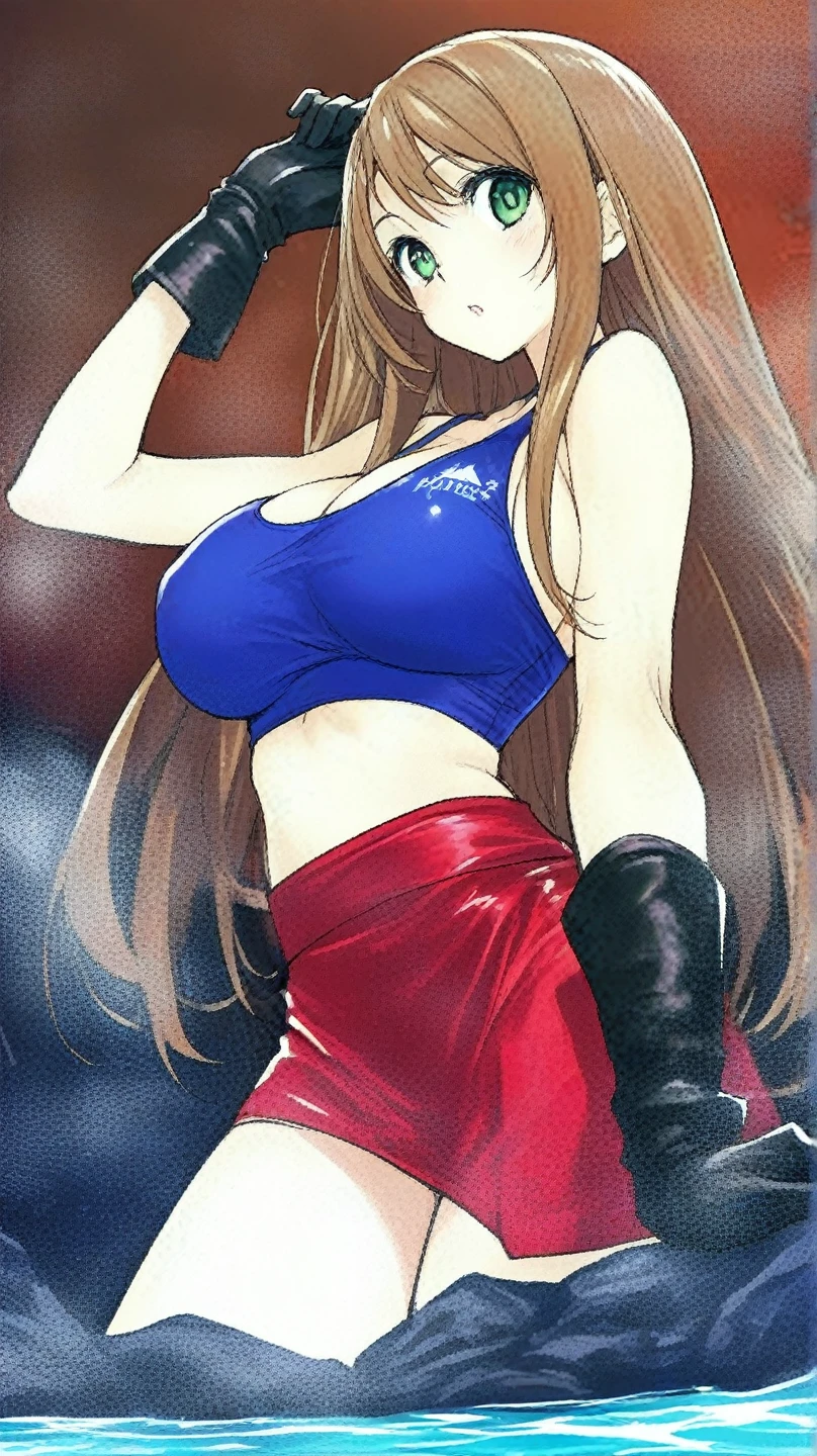 masterpiece, best quality,(NSFW:0.7), (kunikida hanamaru:0.999), (long hair:0.888), (breasts:0.878), (brown hair:0.875), (looking at viewer:0.699), (large breasts:1.0), Blush, Closed mouth, very tight blue tube top, strapless, midriff, cowboy shot, very tight shorts,in wrestling ring , excited smile