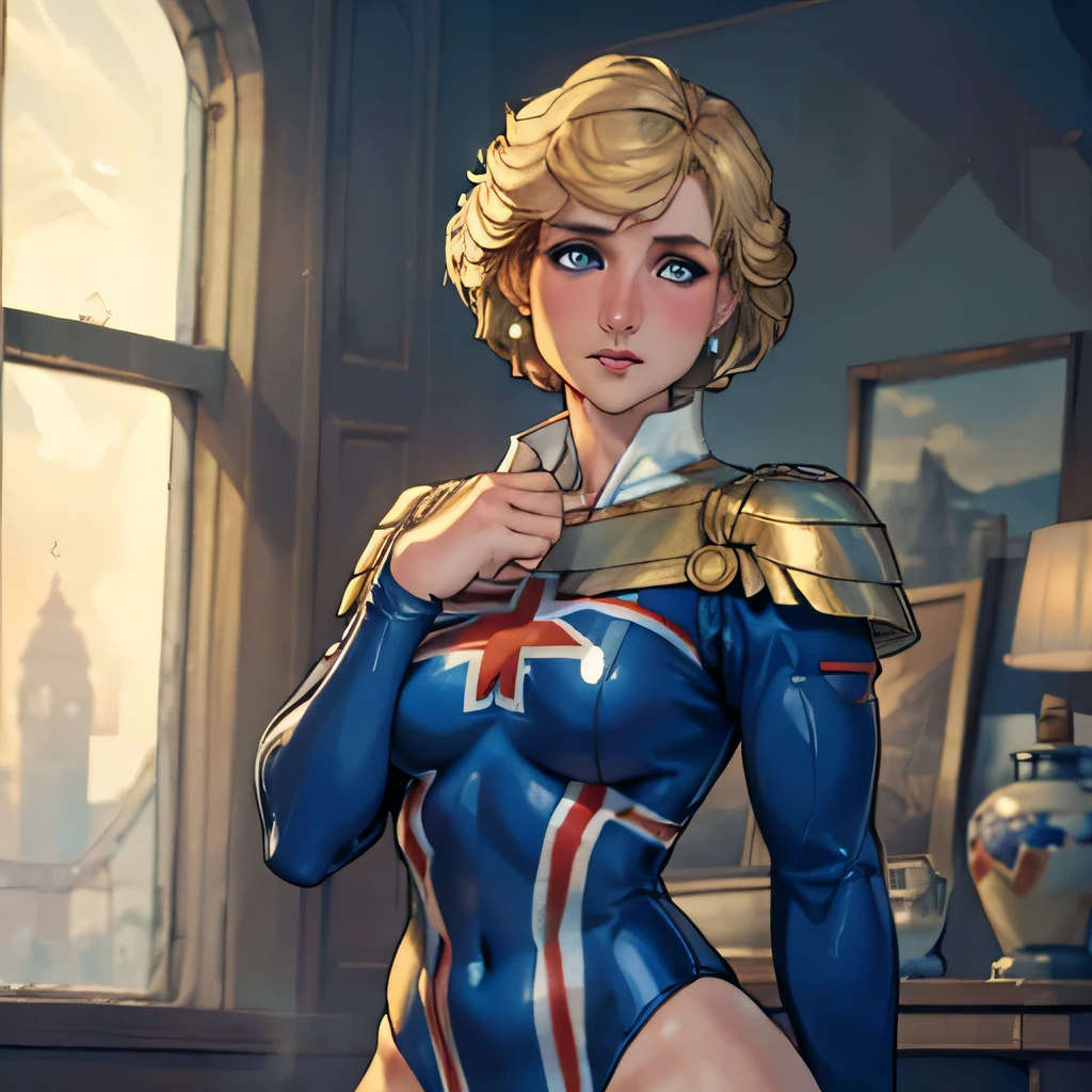 (masterpiece:1.3), (8K, Realistic, RAW Photos, Highest quality: 1.4), (One Girl), Beautiful Face, (Realistic Face), Beautiful Hairstyles, Realistic eyes, Beautiful details, (Realistic Skin), Beautiful Skin, Absurd, charm, Ultra-high resolution, Ultra-realistic, Very detailed, Golden Ratio, (Best Shadow), Cinematic, (Complex:1.4), High Contrast, Side lighting, ((Accurate hands and fingers)), Caucasian female, ((Princess Diana)), (Captain Britain), (Blonde Hair, short hair:1.3), NSFW 大きな胸, くびれたウエスト, 大きな尻, NSFW (she have UnionJack leotard), (she have UnionJack large round shield), BREAK ((cowboy shot))
