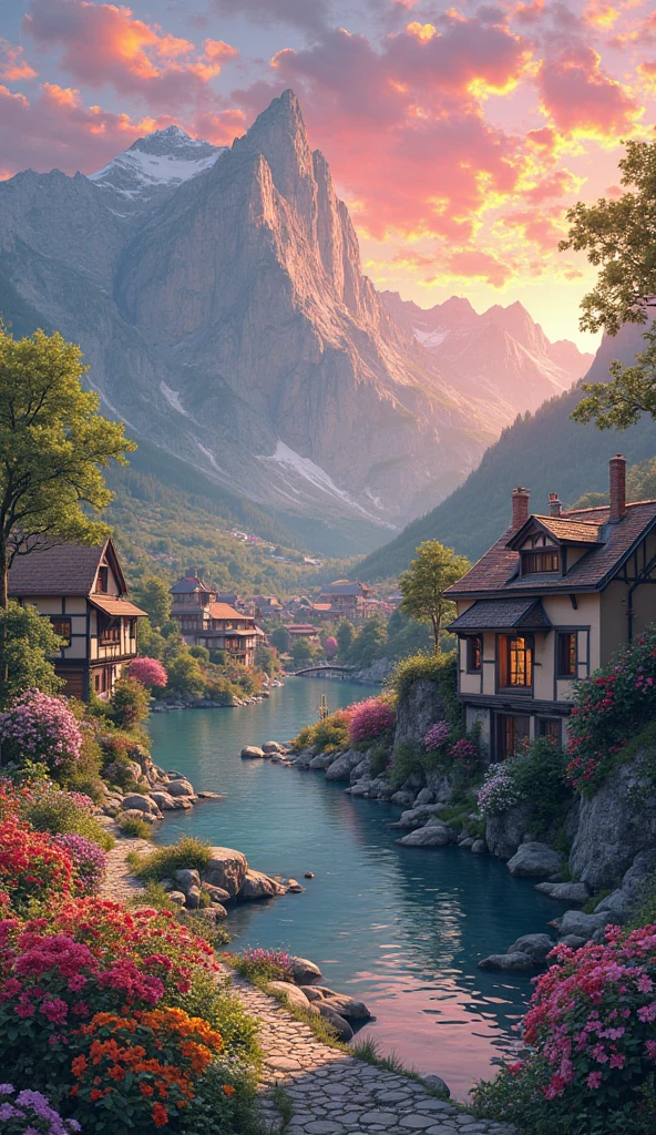 A small village by the river, color of the mountain in the background, colorful flower flowers, detailed landscape, beautiful natural scenery, atmospheric lighting, scorching sunset, warm colors, Practical, фотоPractical, detailed foliage, complex buildings, paved street, charming country house, swirl bright colors, lush vegetation, reflections on water, picturesque, idyllic, artwork, the best quality, 8k, very detailed, anime styling
