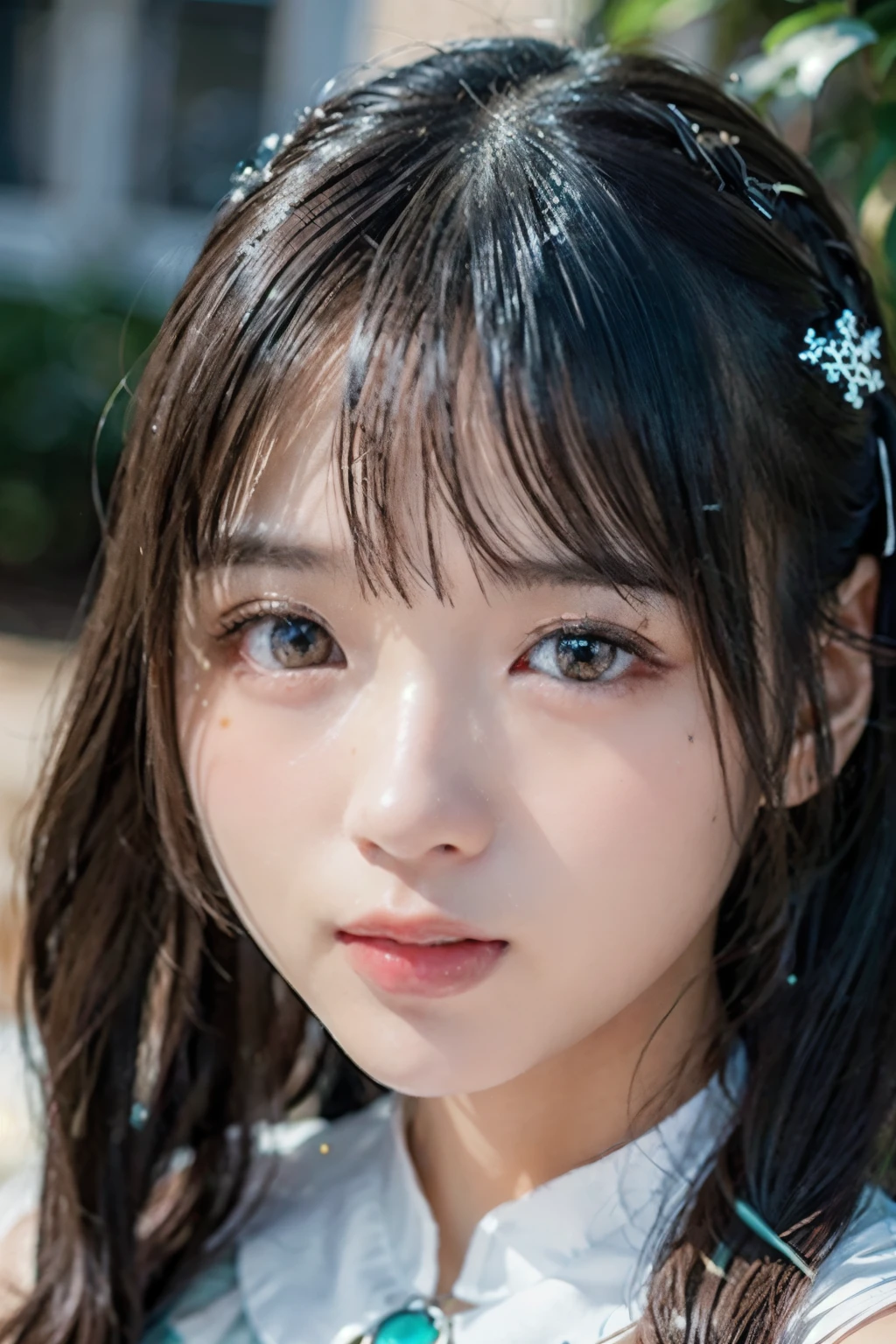 full body up , portrait, portrait, , 8k,masterpiece, top quality, 、Long face、Big Eyes、 troubled face、 slim、in trouble、、facing the front、flat body 、cute、、, 1 girl、looking at the camera、face to face、pure white hair、glowing skin、((( GLITTER SKIN )))、、((super realistic details))、portrait、Global Illumination、shadow、octane rendering、、、metal、 cold color、、very intricate details、Realistic Light、CGSoation Trend Beautiful Eyes 、eyes shining at the camera、drop shadow、、Sparkling Turquoise Eyes 、((Snowflakes))、、white background、Chain Choker