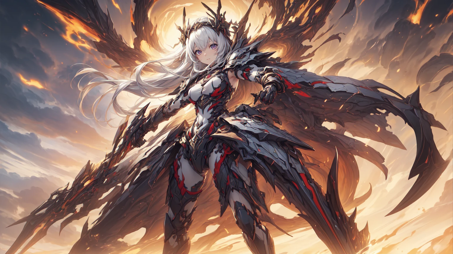 (Tabletop), (Perfect athletic body:1.2), whole body, Knight of the Mechanical Life Form, Feminine body type, Black Armored, Holding a scythe, Red Six Eyes, Fangs facing large jaws, High heel boots, Mechanized limbs, White Background, whole body, Standing in the Wilderness