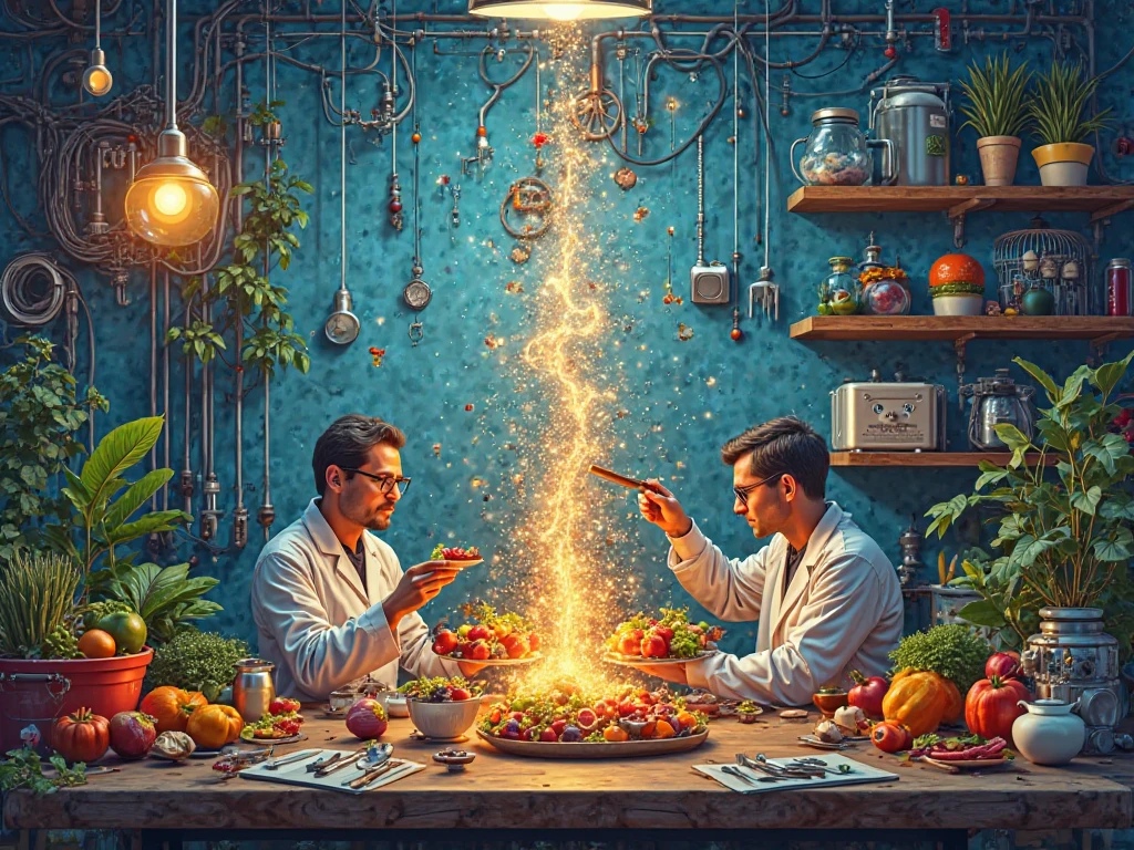 "An artistic scene that mixes two professions: electrical and nutrition. De um lado,  elements such as cables , circuitos, lamps, sparks and electrical tools; do outro, frutas, vegetais, healthy dishes and kitchen utensils. The environment is futuristic and colorful, with a harmonious fusion between technology and health. Artistic and surrealistic visual style, with bright colors and symbolic details that represent the passion for both areas."