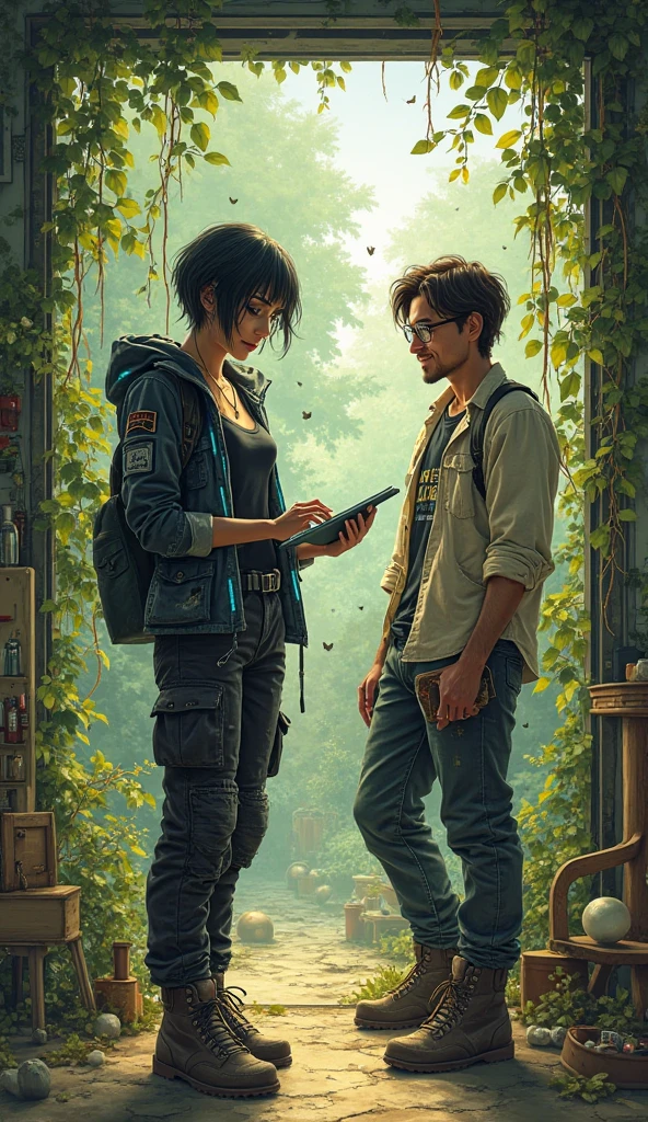 Create an HD image, kinetic watercolor with green and gold tones, garage covered with plants that climb machines turned off. on the left: zara ( 24-year-old woman, oval face, thin and expressive eyebrows ,  straight nose, thin lips with a slight stretch of permanent concentration, jet black hair, short in asymmetric layers (left side longer than the right), with blue electric highlights on the tips, almond-shaped eyes, dark hazel color, with digital reflections (tiny binary codes visible when approaching), Skin color Light gray tone, he wears a black shirt and a tight cyberpunk jacket with LED panels on his shoulders (show alerts for Chronos), black cargo pants with pockets full of miniature tools, fits modified military boots with holographic magnetic sole, wears a necklace with an old USB chip) draws on a tablet with holographic butterflies. To the right: Leo (26 years old, square face chair, well-groomed three-day beard, small scar on the right cheek (memory of an archaeological adventure), Sarcastic smile, wavy brown hair, with a stripe on the left side, premature gray at the entrances, intense green eyes, surrounded by digital magnifying lenses (transparent glasses with bronze frames), Skin color Light olive tone, wears beige linen shirt rolled up, on a black t-shirt with a Windy Rose design, Worn jeans with old map patches on the knees, Brown explorer shoes with gold laces (Greek book in hand) smiles at Valeria, who holds Chronos (sphere in bottle).
separation: Open window shows the restored city with a golden thread in the sky.
symbol: Watch without hands and golden roots on the floor.
--no merged figures, --no hybrid objects*