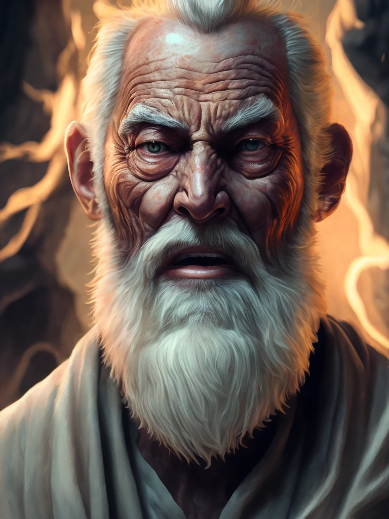 super high resolution, best quality, photo, 16k, (photorealistic: 1.2), cinematic lighting, an old man in the shape of a mythical god, detailed face, dramatic pose, powerful expression, wrinkled skin, long white beard, flowing robes, mythical creature, ancient ruins, moody atmosphere, dramatic lighting, muted color palette, digital painting