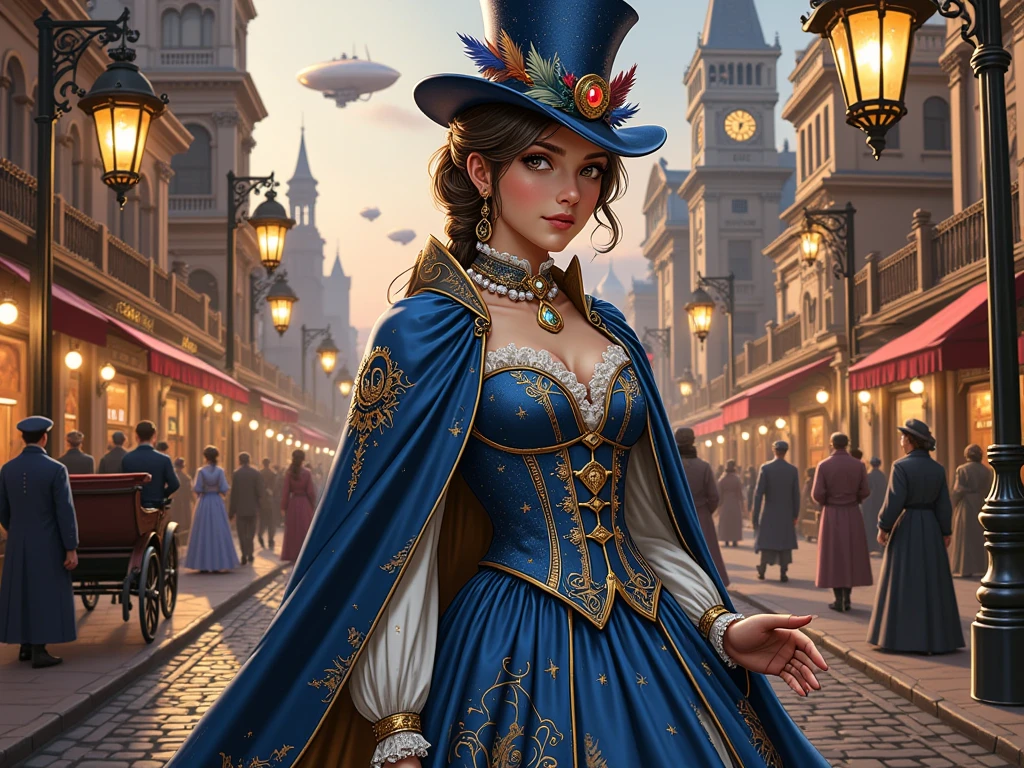 Fantasy-style (Victorian magical girl:1.5), featuring a young and enchanting magical girl navigating the bustling streets of a grand Victorian city. Her outfit perfectly blends the elegance of Victorian fashion with whimsical magical elements: a layered gown in deep royal blue with gold accents, adorned with intricate lace and shimmering stars that appear to twinkle faintly. A corset, embroidered with celestial patterns, cinches her waist, and a dramatic, flowing cape fastened with a golden brooch cascades behind her, lined with a soft, glowing inner fabric resembling the night sky.
Her accessories include a miniature top hat tilted jauntily on her head, decorated with feathers, pearls, and magical sigils, and gloves trimmed with delicate lace. Her wand—a masterpiece of Victorian craftsmanship—is a combination of polished wood, engraved brass, and a radiant gemstone crowning its tip, glowing faintly with her latent power.
She wanders through cobblestone streets illuminated by gas lamps that cast a warm golden glow over the intricately designed architecture of the city. Horse-drawn carriages clatter by, and the air is filled with the whispers of magic subtly interwoven with the hustle and bustle of Victorian life. The backdrop features grand clock towers, bustling marketplaces, and airships drifting serenely through the misty twilight sky.
The magical girl exudes an aura of mystery and purpose, her sharp gaze and confident stride hinting at her double life as both a protector of the city and a young woman balancing the ordinary with the extraordinary. Style: hyper-detailed, cinematic, emphasizing the fusion of Victorian elegance and magical wonder.
