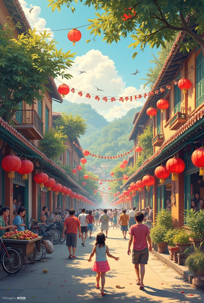 Peacetime scenery in Vietnam with many people going back and forth and red paper flying in the sky 