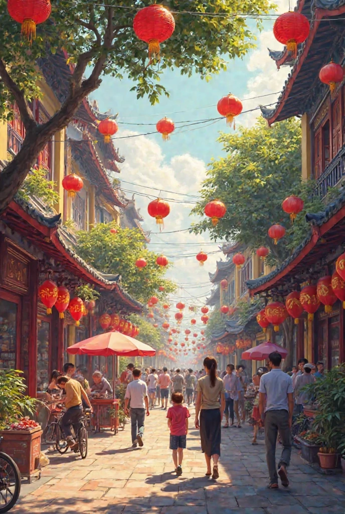 Peacetime scenery in Vietnam with many people going back and forth and red paper flying in the sky 