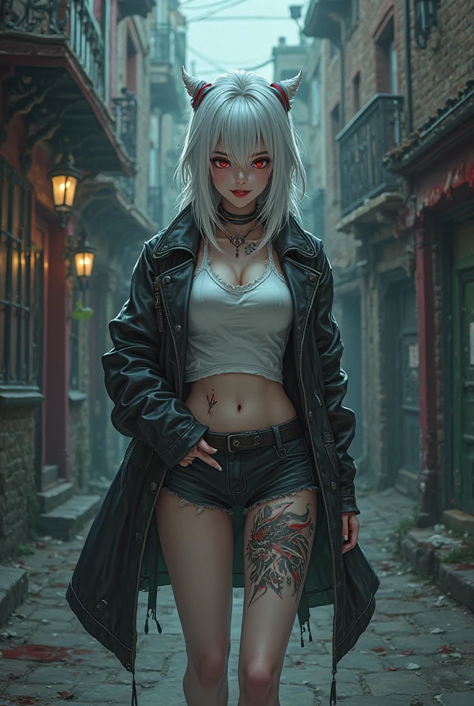 1 girl modeling for a magazine、(white  hair、Red eyes、a navel、Short leather jeans、Leather shorts)、Sexy Pose 1:2