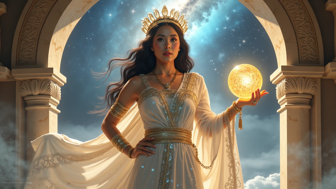 A stunning, ultra-detailed portrayal of Metis, the Greek goddess of wisdom and cunning, standing in a celestial chamber atop a starlit Mount Olympus. She exudes divine grace, her tall, regal figure draped in a luminous, semi-translucent chiton of pearlescent white, intricately embroidered with golden threads forming owls, olive branches, and geometric maze patterns symbolizing her intellect. Her skin shimmers with a faint silver glow, and her piercing, almond-shaped eyes radiate a soft sapphire light, conveying infinite knowledge and foresight. Her long, raven-black hair cascades in voluminous waves, interwoven with delicate silver chains and tiny star-like gems that pulse faintly. A majestic crown of polished obsidian and gold, etched with runes of wisdom, rests lightly on her brow. In her right hand, she holds an ancient, glowing scroll inscribed with cryptic Greek script, its edges shimmering with ethereal light; in her left, a crystalline orb swirls with visions of the future, subtly reflecting Athena’s silhouette as a nod to her legacy. The background blends a cosmic tapestry of swirling galaxies and faint thunderclouds, hinting at her tragic entrapment by Zeus, with a grand marble archway carved with laurel motifs framing the scene. The atmosphere is bathed in a delicate interplay of golden dawn and twilight blue hues, with soft beams of light piercing through mist to highlight her serene yet powerful presence. Ultra-realistic, 8K resolution, in a masterful blend of classical Greek sculpture aesthetics, Renaissance portraiture, and subtle sci-fi fantasy elements, inspired by the works of Michelangelo and Greg Rutkowski."