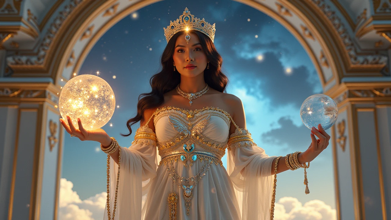 Uma fada com vestido azul e asas brilhantes, white sandals, long hair down to the waist, Your eyes shine gray and your crown is made of diamonds