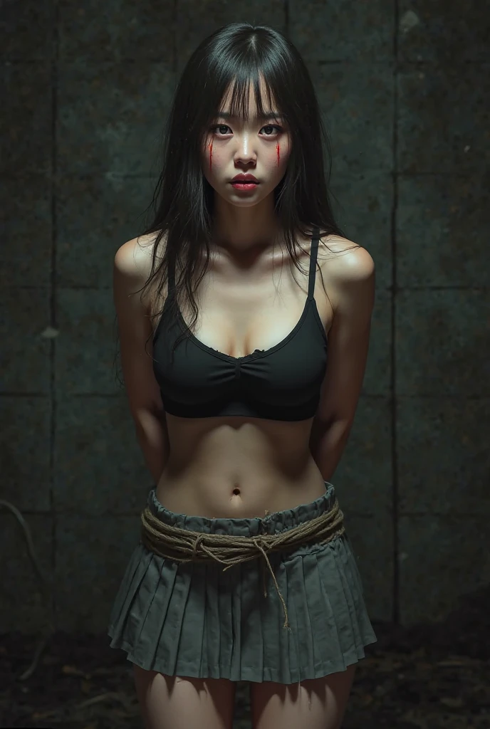 A Korean woman with her hands tied back and her body held by force, is wearing a black  and a very short gray pleated skirt, big , I'm crying, shameful expression