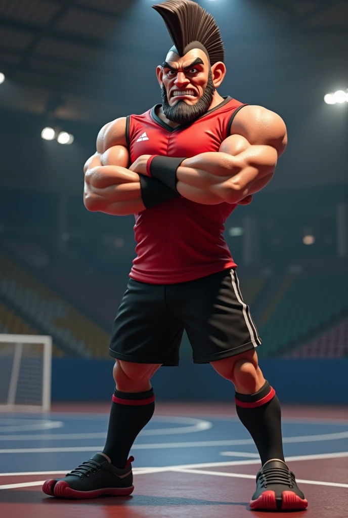 a male furry sea lion who is only wearing short shorts, has his body uncovered and is in a volleyball stadium as he is playing. He wears a necklace with a K pendant