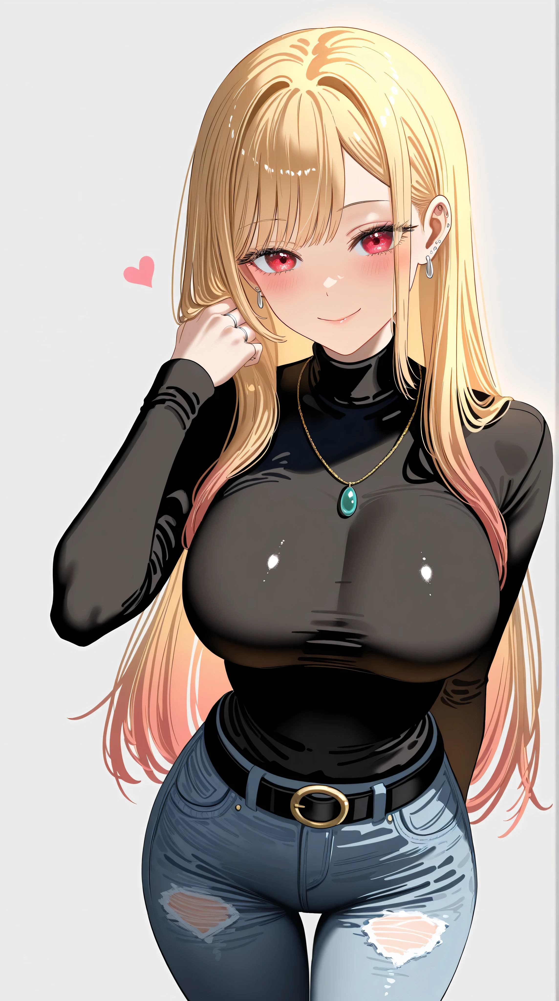 1girl, Marin Kitagawa,(mature female),motherly,mature face,solo, long hair, breasts, looking at viewer, blush,seductive smile, bangs, blonde hair, large breasts, simple background, shirt, red eyes, long sleeves, jewelry, closed mouth, heart, cowboy shot, earrings, belt, grey background, black shirt, turtleneck, wedding ring on finger, hand on head, straight hair, black sweater, frayed denim short,best quality,amazing quality,very aesthetic,absurdres,masterpiece,best quality,newest,highres,absurdres,very awa,shiny skin,(artist:loika:0.5),(artist:xiaoshou xiansheng:0.8),artist:rin31153336,artist:gawako
