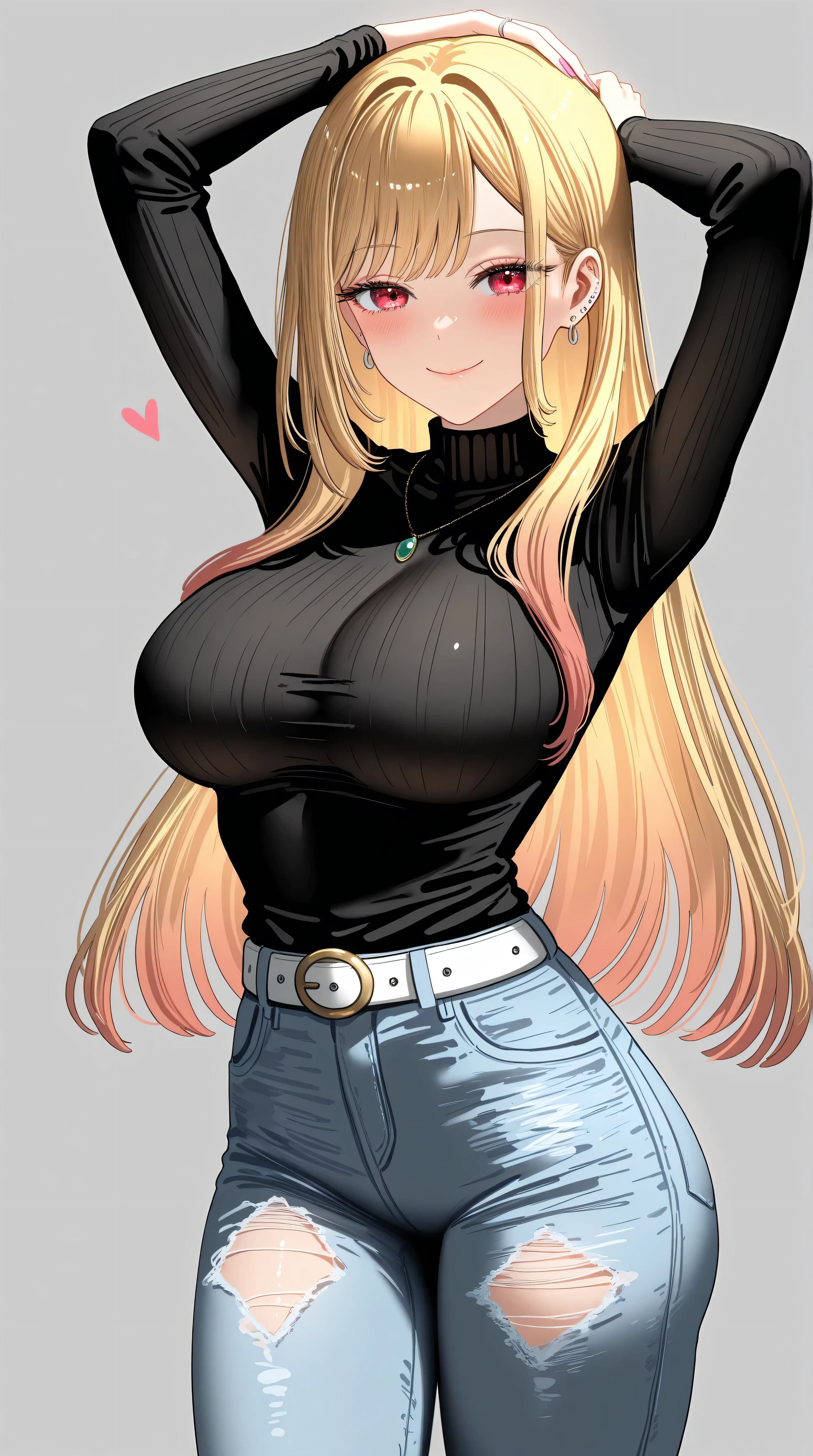 1girl, Marin Kitagawa,(mature female),motherly,mature face,solo, long hair, breasts, looking at viewer, blush,seductive smile, bangs, blonde hair, large breasts, simple background, shirt, red eyes, long sleeves, jewelry, closed mouth, heart, cowboy shot, earrings, belt, grey background, black shirt, turtleneck, wedding ring on finger, hand on head, straight hair, black sweater, frayed denim short,best quality,amazing quality,very aesthetic,absurdres,masterpiece,best quality,newest,highres,absurdres,very awa,shiny skin,(artist:loika:0.5),(artist:xiaoshou xiansheng:0.8),artist:rin31153336,artist:gawako