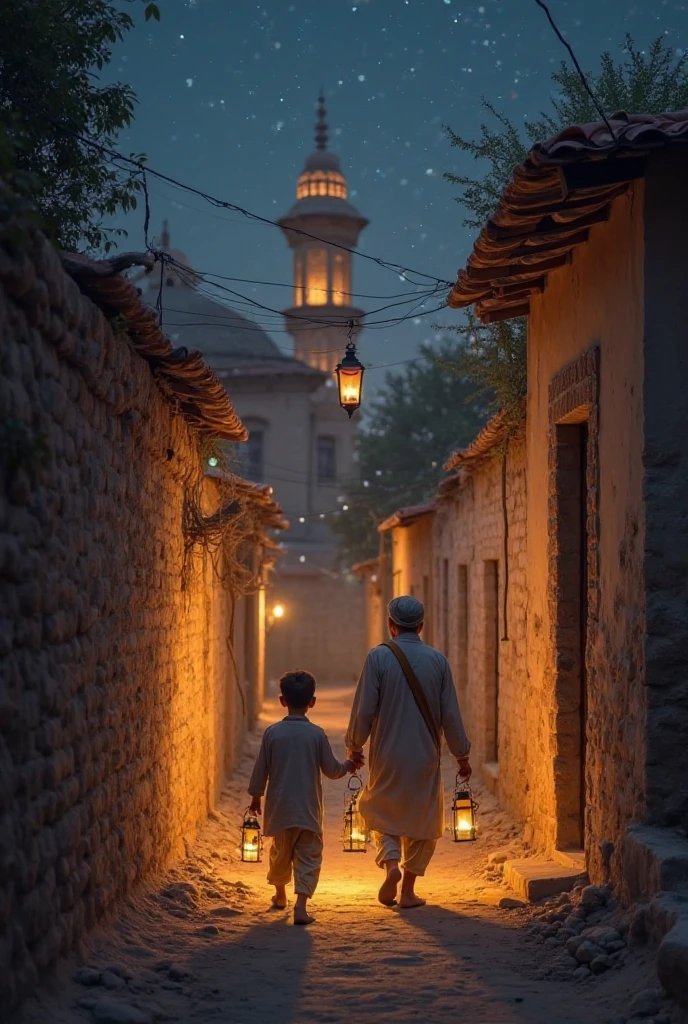 A small village with narrow streets at dusk, a young boy with a lantern walking towards an old mosque, warm golden light illuminating his path, traditional Islamic architecture, a serene and peaceful atmosphere1. *"An old man and a young boy walking together in a dimly lit village alley, holding a lantern, traditional Pakistani clothing, warm light contrasting with the dark surroundings."*  
2. *"A small village mosque at Maghrib time, people gathering for prayer, a peaceful ambiance with a starry sky in the background."*  
3. *"A young boy handing a lantern to an elderly traveler, expressions of kindness and gratitude, soft glowing light highlighting their faces."*  Hope you like this story! Let me know if you'd like any modifications. All picture must be same