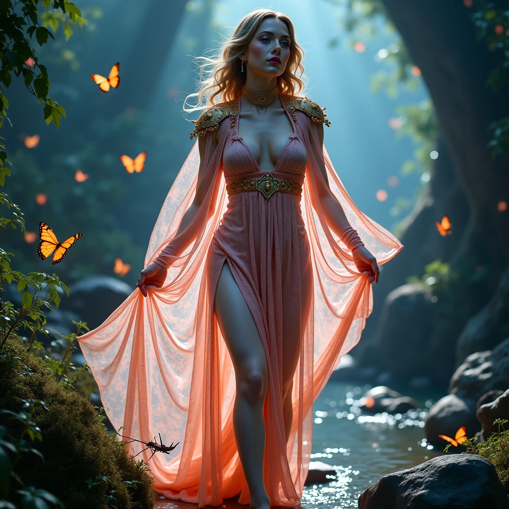 sexy full body photo of the most beautiful work of art in the world, illustration, cinematic light, fancy, high resolution, high qualiy, ultra detalhada, best qualityer, Masterpiece artwork, (face detailed), Sexy mature Amy Adams wears a full body dress (torn open) (transparent galaxy) cloth coat, floating cloth, choker, bright forest plants (fancy do submundo mais antigo) with neon details, open shoulders, small bright butterfly, Hair Jewelry, usando um chapéu de bruxa torn open, (focus on the body: 1.25), natta, small mutant animals in the background, ripped miniskirt, a potion on the hip, shoulder pads emitting magical energy, camel toe, tenebrosa, light reflection