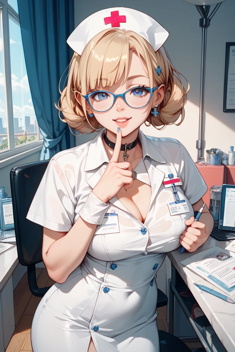Blonde Shorthair Glasses white blouse black tight skirt stockings lanyard id card 35 years old plump lips Eyes meet sit at the desk and stare at me