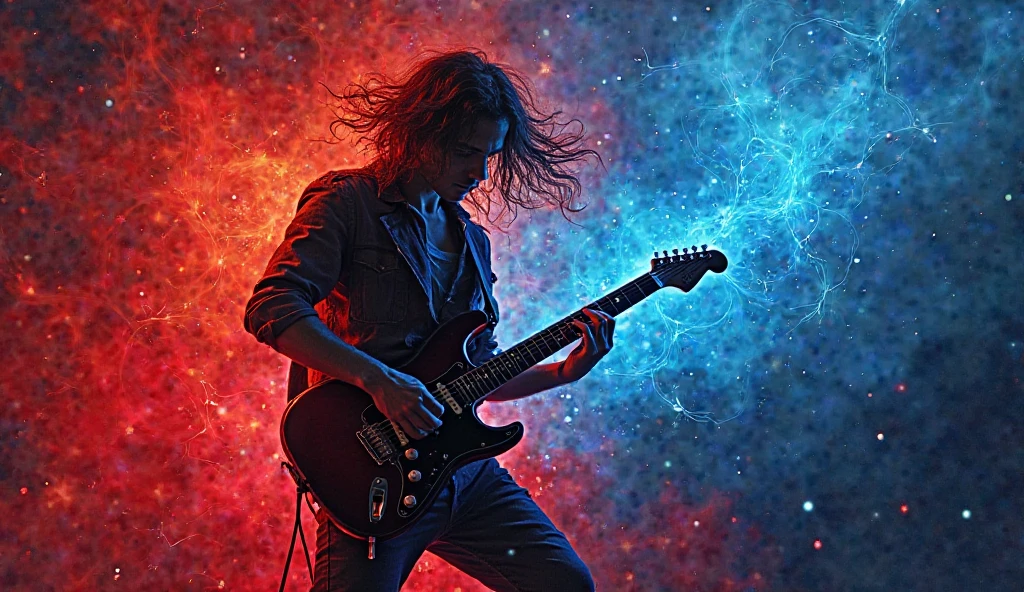incitar: " A composition by a guitarist representing the essence of rock ballads , with a whirlwind  ,   vibrant colors of deep red  , portanto,   and electric blue  . The image presents,   fluid shapes and sharp angles  ,   symbolizing the powerful emotion and energy of the song  .   Threads of light and shadows merge  ,   evoking the ups and downs of a rock ballad  .   Abstract shapes seem to pulsate and vibrate  ,   capturing the intensity and depth of a soulful guitar solo in an emotional performance."