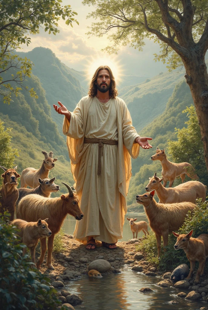 In the Garden of Eden God in the middle, man on the right and animals on the left 