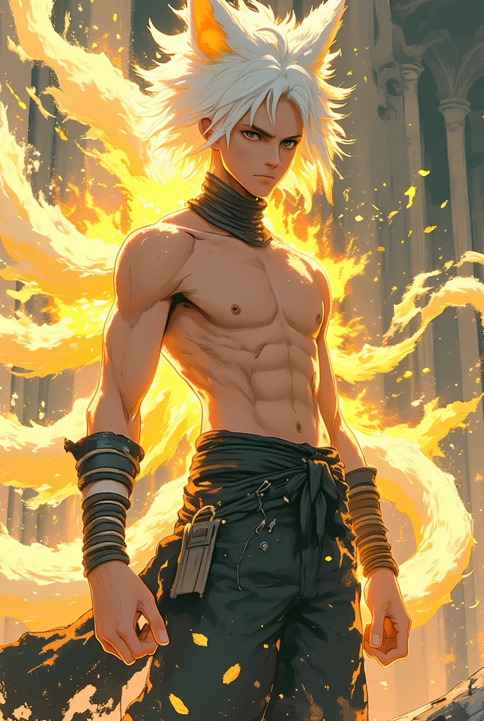 Anime man with fire on his body and dark pants with ,the pants have wings drawn on them ,with white hair ,the pants don&#39;t have fire ,The man has a tattoo on his chest that says Luigimax 
