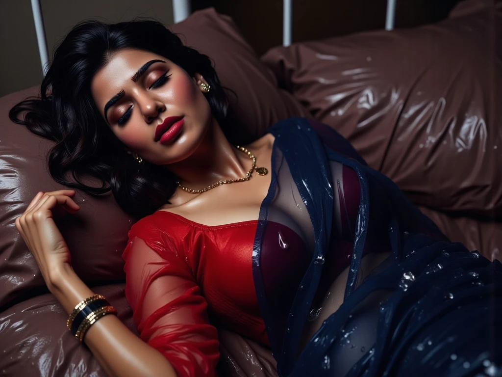 araffe woman in a red sari laying on the ground, very seductive pose, elegant pose, stunning elegant pose, seductive pose, beautiful pose, glamorous pose, indian super model, dressed in a sari, 7 0 mm. dramatic lighting, glamour pose, candid!! dark background, traditional beauty, elegant seducing pose, mid shot portrait, attractive pose, sexy pose, big , sexy cleavage show, wet body