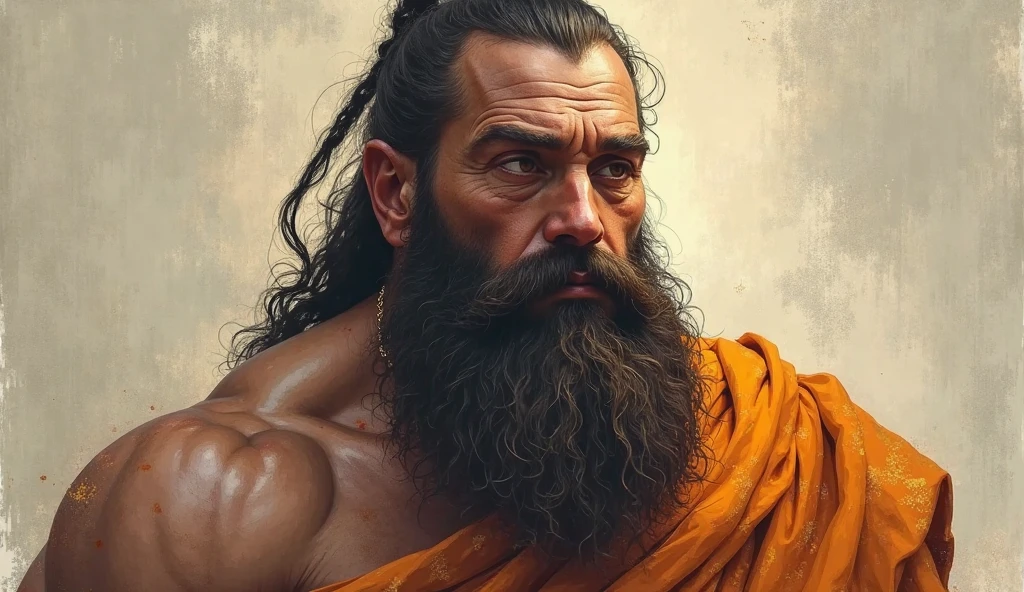 Generate a 50 years old man whose face is square, black thick beard, black thick mustache, hair is thick streight black and covered his chest with a white dhoti