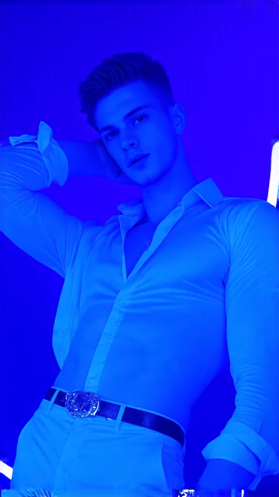 Teen male posing, skinny body, city, atmospheric, cute masculine square face, blue white hair, dead inside, nude, tight boxers with bright geometric print, bokeh, background blur, rain, fog, sunset, chromatic aberration, full body view