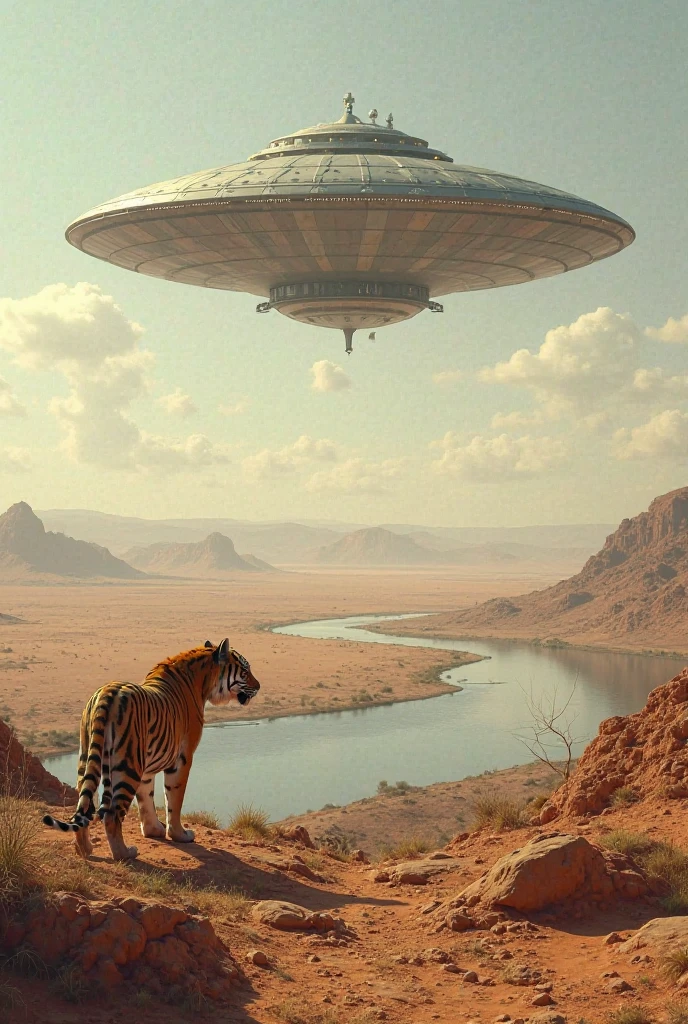 Advanced flying saucer levitating in a desert and a river with a tiger watching 