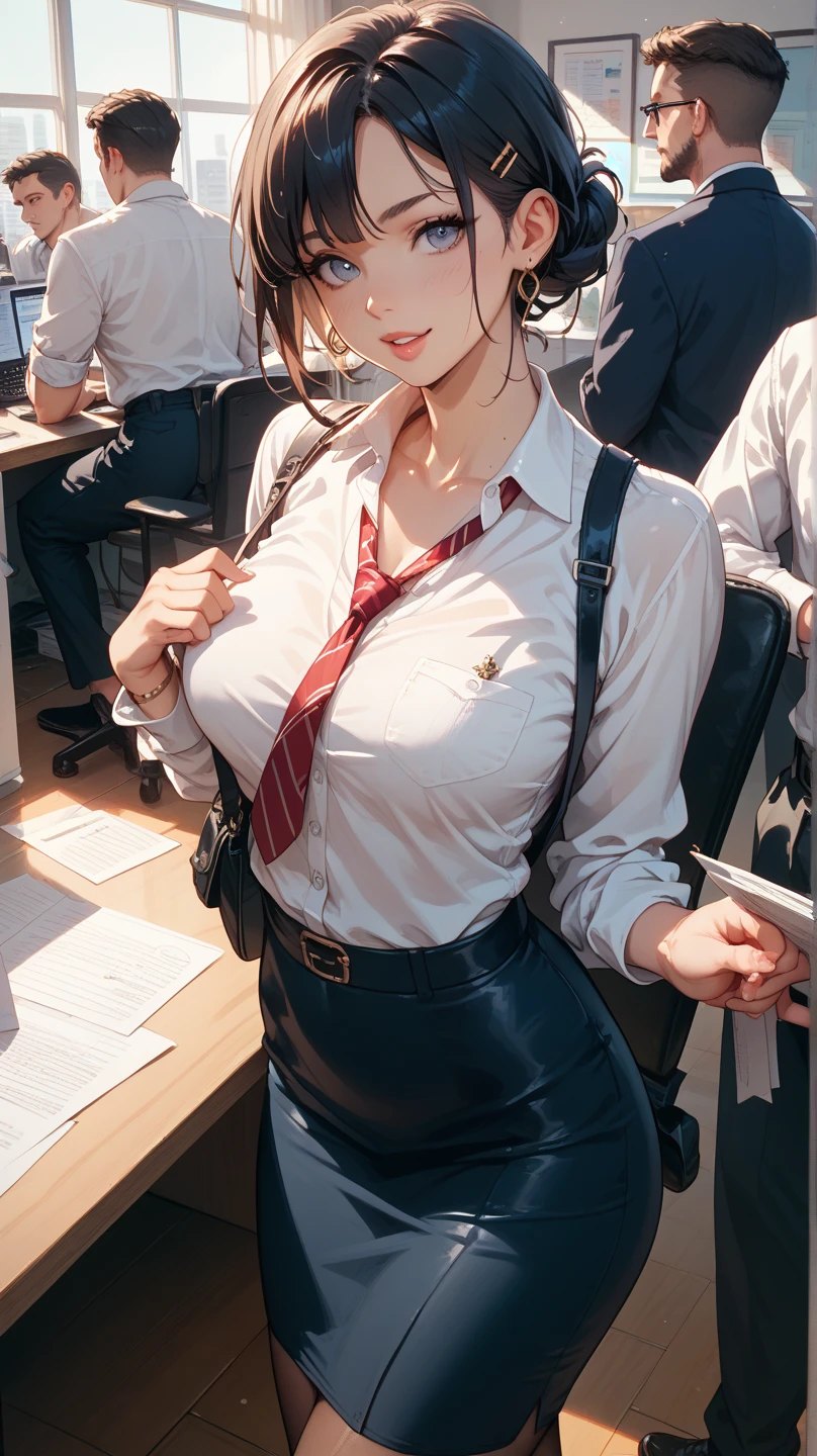 woman, office girl, sexy body, curvy body, big breasts, cleavage, big hip, ((stockings, garter belts, office outfit, necktie)), smiling, beautiful face, detailed face, very detailed, beautiful eyes, full body, full body shot, high quality, detailed background, high resolution, 8k resolution, ultra high detail, skirt lifting, open shirt, beatiful skin, erotic pose, (holding breast), perfect body, perfect anatomy,