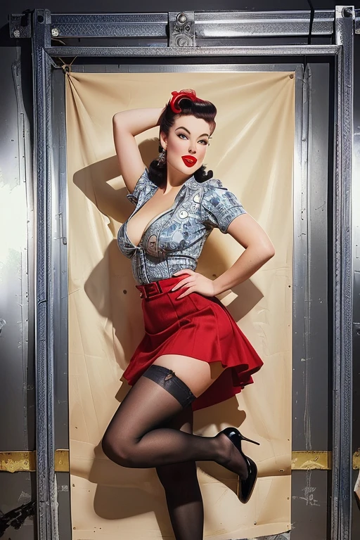 a sexy secretary, wearing shirt, mini skirt, garter belts, pulp cover art, pulp magazine cover,<lora:Pulp_Cover_Art_SD1.5:1>