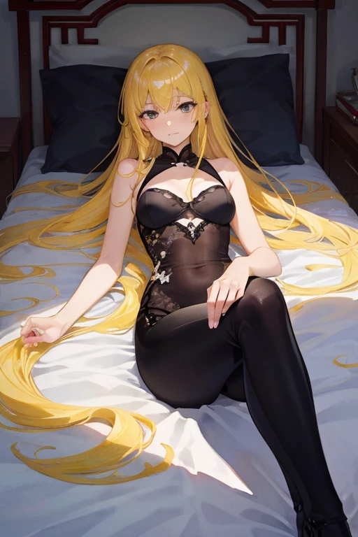 High quality 4k illustration. (1 sexy anime girl),[sexy girl] long detailed yellow hair, bright yellow eyes,[semi naked] underwear, panties: black, bra: light white, medium breasts. {looking at the viewer lying on a bed}.