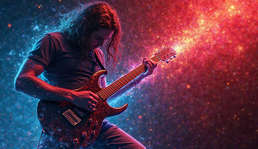 incitar: " A composition by a guitarist representing the essence of rock ballads , with a whirlwind  ,   vibrant colors of deep red  , portanto,   and electric blue  . The image presents,   fluid shapes and sharp angles  ,   symbolizing the powerful emotion and energy of the song  .   Threads of light and shadows merge  ,   evoking the ups and downs of a rock ballad  .   Abstract shapes seem to pulsate and vibrate  ,   capturing the intensity and depth of a soulful guitar solo in an emotional performance."