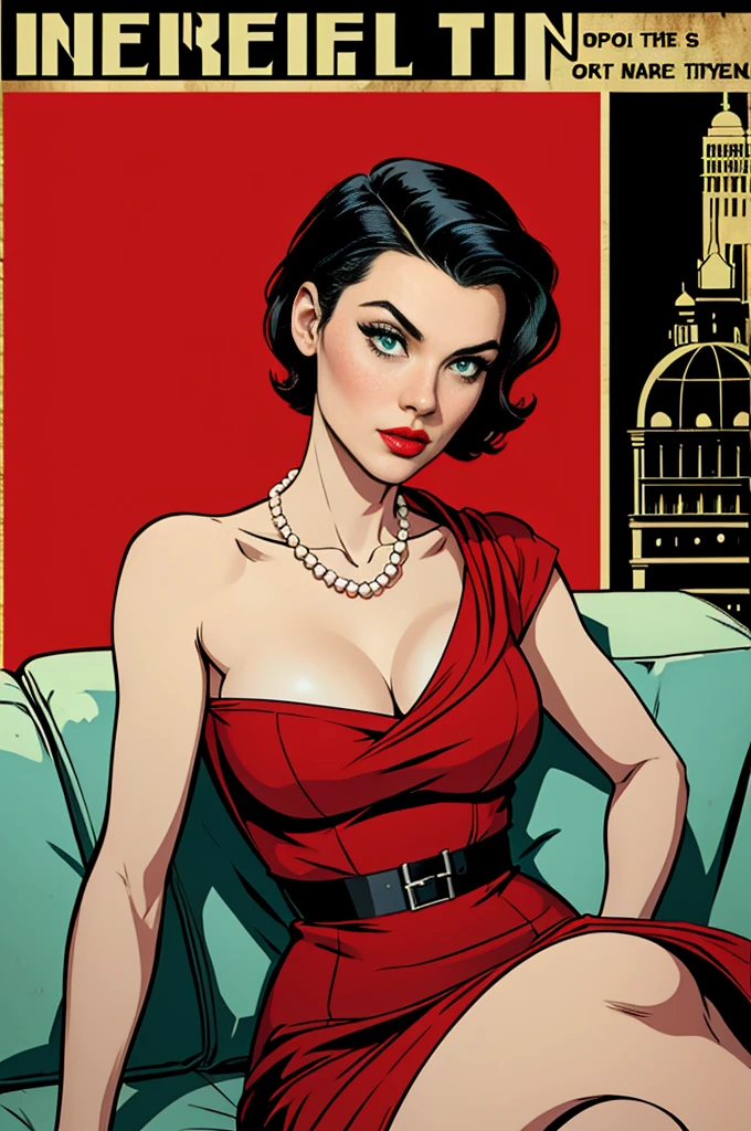 (work of art, best qualityer), 8 k wallpaper, highy detailed, posters, old spy movie, 1960s, sexy female hitman, short black hair, (shorth hair ) cinematic movie poster, Bauhaus, shapes, lines, abstrato, propaganda, mid century modern, movie poster, vintage, Lady Killer by Joelle Jones, vintage clothing, long redgown, (redgown) ,
Epochal dress, flowing gown. Pearl necklace , greeneyes, sitting not sofa, comic, comic style