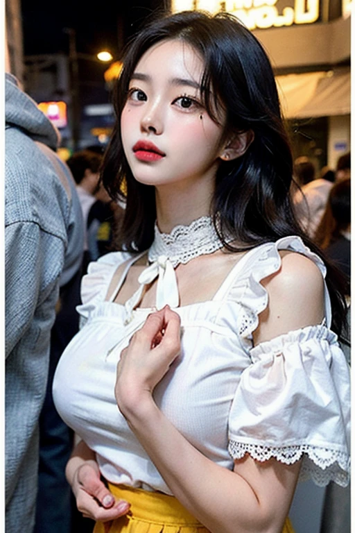 Kim Jennie with black hair, with curls, Brown eyes, beautiful eyes and pretty lips, pink lips, heart and cupid shaped lips, Beautiful skin, pale white skin, with moles and freckles all over his face, pink blush on the cheeks, douyin makeup, popular korean makeup, with a necklace, while wearing a shirt, Yk2 style, Aesthetic, with a short summer skirt YK2 style, while wearing a cute YK2 hat, nice crochet hat, with bare abdomen, thin and beautiful abdomen, (big breasts, deep neckline), autophoto, looking to the camera