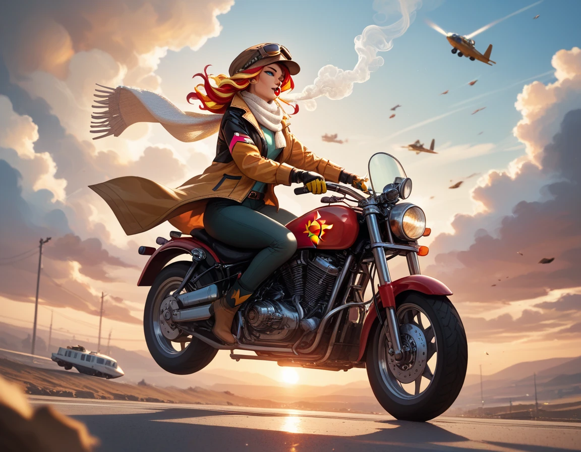 Solo, Sunset shimmer wearing an aviator cap and goggles and a white scarf, old style pilot, sittinf on top of a red doghouse, straddling the ridge,  acting like a pilot, a line of bullet holes in the side of the doghouse, smoke coming out of the back of the doghouse, wind blowing scarf, grinning, wearing sunglasses